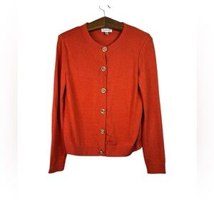 St. John Sport Orange Gold Knit Wool Cardigan Sweater Size M FLAWS